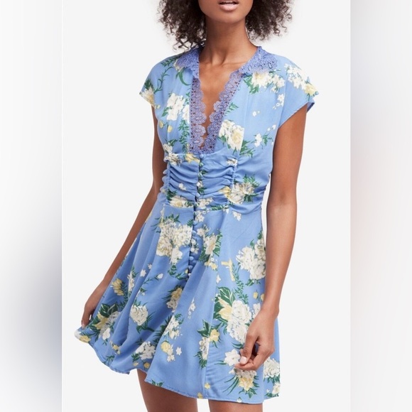 Free People blue Alora Floral print mini dress button front lace Sz 10 - Picture 1 of 8